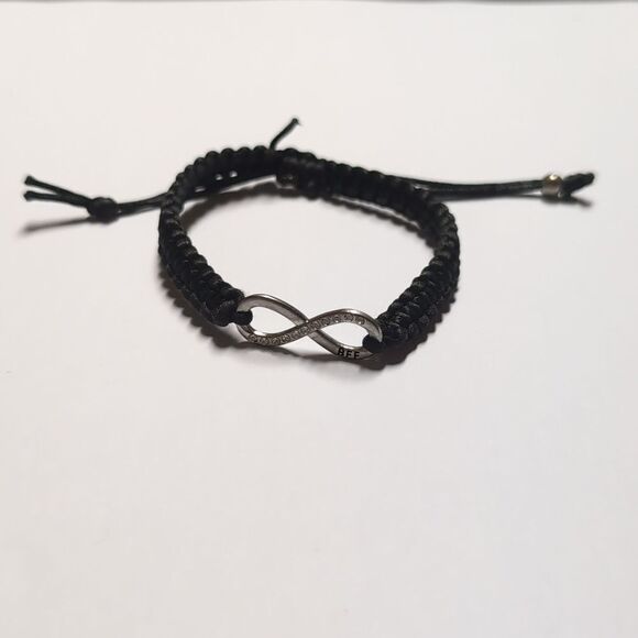 190 Black Woven Adjustable Slider Bracelet with Infinity Rhinestones BFF Charm - Picture 2 of 7